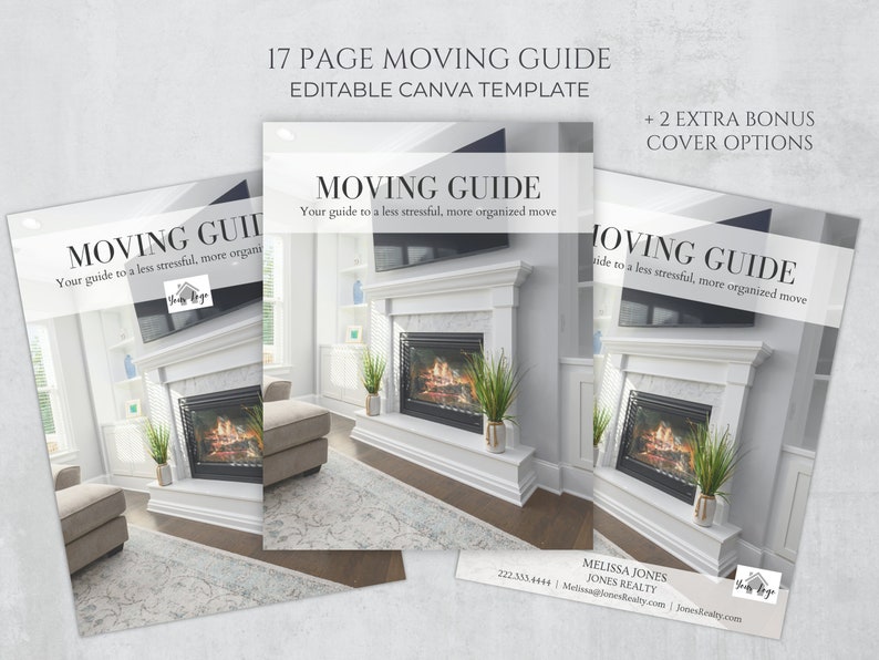 May include: A 17-page moving guide template in a Canva format. The cover features a fireplace with a white mantel and a gray rug. The text on the cover reads "Moving Guide" and "Your guide to a less stressful, more organized move".