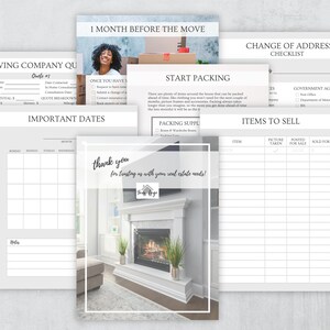 May include: A checklist for moving, with sections for moving company quotes, important dates, start packing, packing supplies, items to sell, and change of address. The checklist is printed on white paper with a gray background.