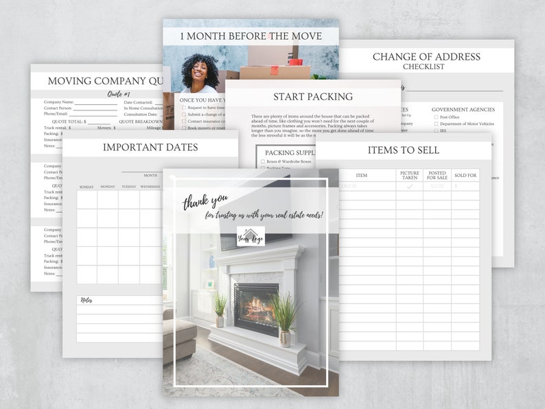 May include: A checklist for moving, with sections for moving company quotes, important dates, start packing, packing supplies, items to sell, and change of address. The checklist is printed on white paper with a gray background.