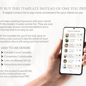 May include: A digital contact list template for a mobile phone. The template is designed to be used for trusted vendors and includes a phone number, company name, and contact name for each vendor. The template is customizable and includes links that are already set up. The text on the screen reads "TRUSTED VENDORS".