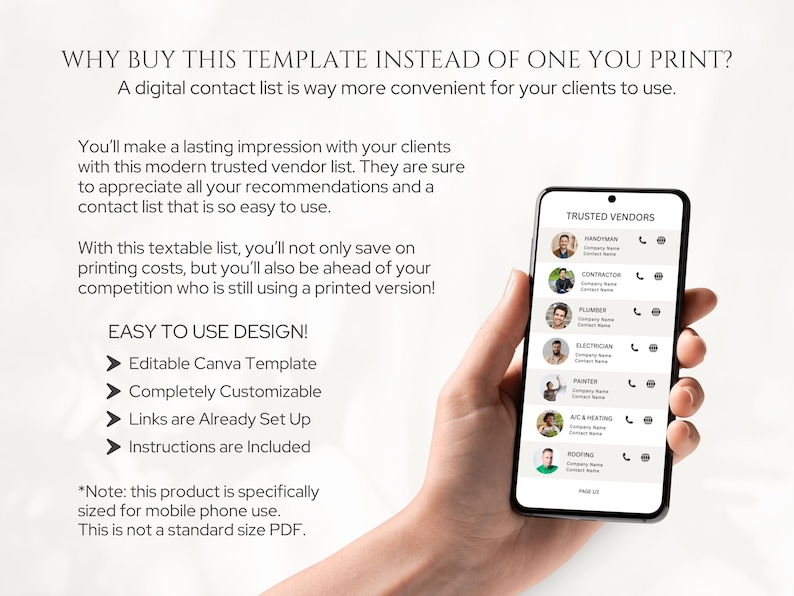 May include: A digital contact list template for a mobile phone. The template is designed to be used for trusted vendors and includes a phone number, company name, and contact name for each vendor. The template is customizable and includes links that are already set up. The text on the screen reads "TRUSTED VENDORS".
