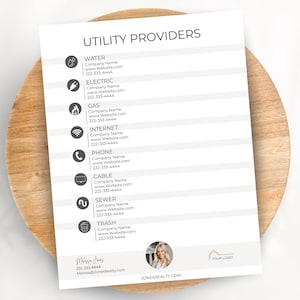 Utility Sheet, Real Estate Utilities List, Editable Utility List Template Canva, Utility Providers, Seller Utility Information for New Buyer