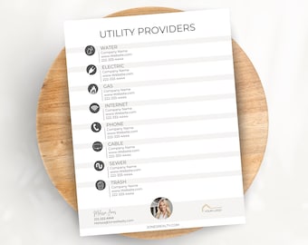 Utility Sheet, Real Estate Utilities List, Editable Utility List Template Canva, Utility Providers, Seller Utility Information for New Buyer
