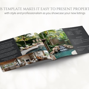 May include: An open brochure with images of luxury homes, showcasing a pool, waterfall, and interior living spaces. The brochure's text reads, "THIS TEMPLATE MAKES IT EASY TO PRESENT PROPERTIES with style and professionalism as you showcase your new listings."