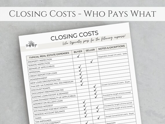 Closing Costs Chart for Buyers & Sellers Real Estate Closing - Etsy