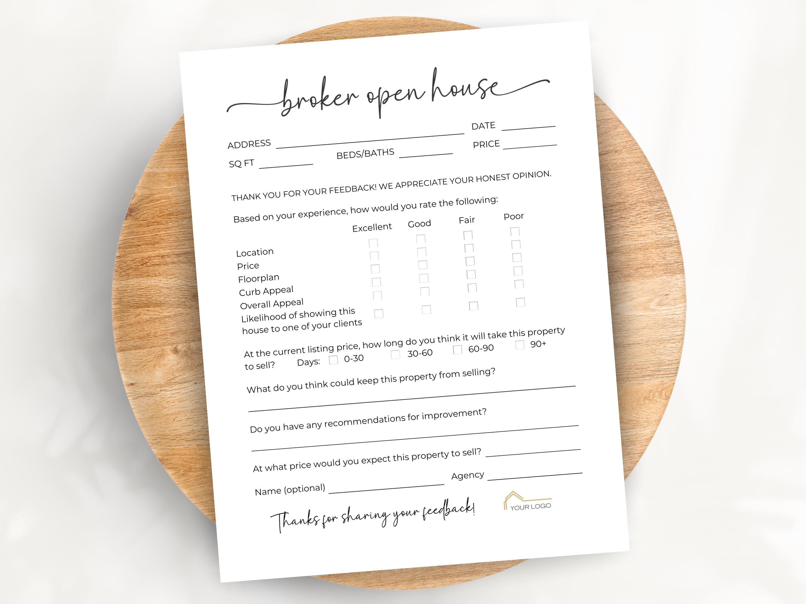 Broker Open House Feedback Form, Agent Open House Sheet, Brokers Open Printable, Realtor Feedback Questionnaire, Real Estate Canva Template