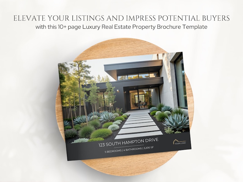 May include: A brochure template for luxury real estate properties. The brochure features a modern home with a landscaped yard. Text on the brochure reads "ELEVATE YOUR LISTINGS AND IMPRESS POTENTIAL BUYERS" and "123 SOUTH HAMPTON DRIVE". The brochure is displayed on a wooden plate.