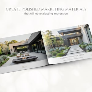 K&ouml;nnte beinhalten: Eine Brosch&uuml;re mit einem modernen Haus mit minimalistischem Design. Der Umschlag der Brosch&uuml;re enth&auml;lt den Text "CREATE POLISHED MARKETING MATERIALS that will leave a lasting impression." Die Brosch&uuml;re zeigt ein Haus mit einem Gehweg und Landschaftsgestaltung.