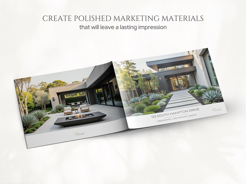 K&ouml;nnte beinhalten: Eine Brosch&uuml;re mit einem modernen Haus mit minimalistischem Design. Der Umschlag der Brosch&uuml;re enth&auml;lt den Text "CREATE POLISHED MARKETING MATERIALS that will leave a lasting impression." Die Brosch&uuml;re zeigt ein Haus mit einem Gehweg und Landschaftsgestaltung.