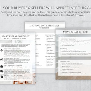 May include: A checklist for moving day essentials, with sections for preparing early, two days before the move, moving day, and a final checklist before leaving the house. The checklist includes items like food and beverages, kitchen and bath supplies, moving necessities, and final tasks like turning off lights and checking appliances.