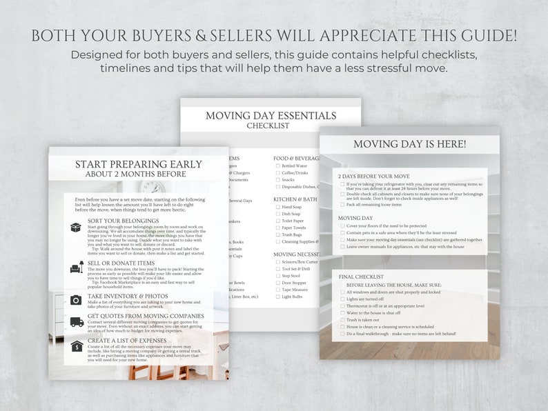 May include: A checklist for moving day essentials, with sections for preparing early, two days before the move, moving day, and a final checklist before leaving the house. The checklist includes items like food and beverages, kitchen and bath supplies, moving necessities, and final tasks like turning off lights and checking appliances.