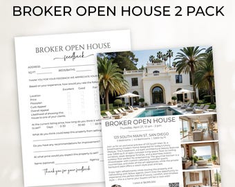 May include: A real estate open house feedback form with a checklist and a section for written comments. The form is next to a photo of a modern home with a pool and palm trees. The text on the photo reads "Broker Open House, Thursday, April 27, 10 am - 2 pm, 123 South Main St, San Diego, 5 Bedrooms | 4.5 Bathrooms | 3,800 sq ft."