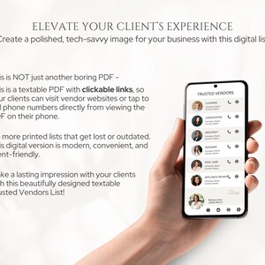 May include: A hand holds a smartphone displaying a digital list of trusted vendors. The list includes names, contact information, and icons for each vendor. The phone screen displays the text "TRUSTED VENDORS".