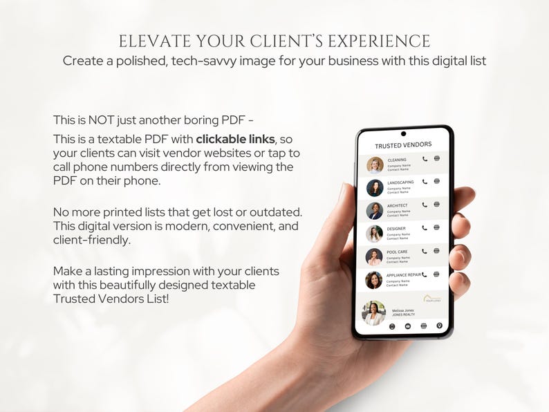 May include: A hand holds a smartphone displaying a digital list of trusted vendors. The list includes names, contact information, and icons for each vendor. The phone screen displays the text "TRUSTED VENDORS".