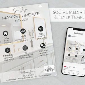Puede incluir: Una plantilla de publicación en redes sociales y folleto para actualizaciones del mercado inmobiliario de San Diego. El diseño incluye estadísticas clave como nuevas listas, ventas y el precio medio de venta. La plantilla se muestra en un smartphone.