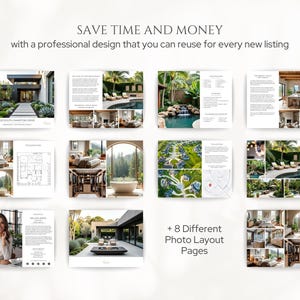 K&ouml;nnte beinhalten: Werbebild mit dem Text &bdquo;SAVE TIME AND MONEY&ldquo; und &bdquo;with a professional design that you can reuse for every new listing&ldquo;. Das Bild zeigt acht verschiedene Fotolayout-Seiten mit verschiedenen Innen- und Au&szlig;endesign-Themen.