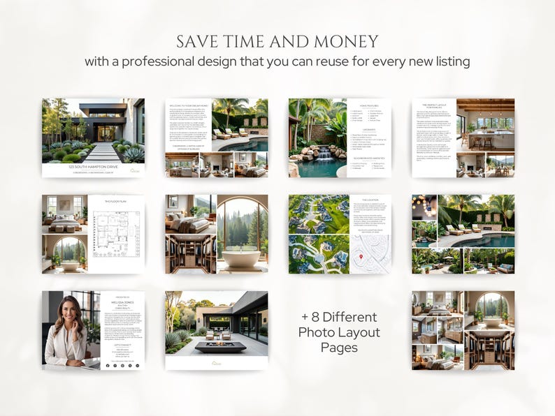 K&ouml;nnte beinhalten: Werbebild mit dem Text &bdquo;SAVE TIME AND MONEY&ldquo; und &bdquo;with a professional design that you can reuse for every new listing&ldquo;. Das Bild zeigt acht verschiedene Fotolayout-Seiten mit verschiedenen Innen- und Au&szlig;endesign-Themen.