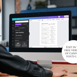May include: A computer screen displays a document labeled "OPEN HOUSE Sign-In Sheet." The Canva interface is visible, with options to add text and elements. The text "EDIT IN THE FREE VERSION OF CANVA IF YOU'D LIKE" is also present.