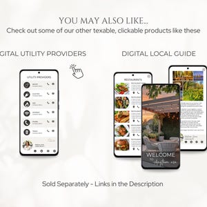 May include: Two digital phone screen mockups showing examples of digital utility providers and a local guide. The utility provider screen shows a list of services with phone numbers. The local guide screen shows a restaurant menu and a welcome sign.