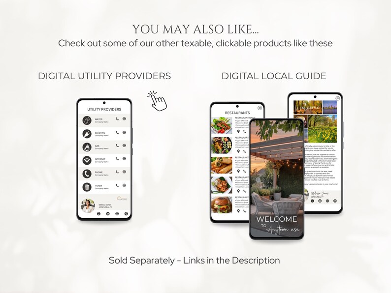 May include: Two digital phone screen mockups showing examples of digital utility providers and a local guide. The utility provider screen shows a list of services with phone numbers. The local guide screen shows a restaurant menu and a welcome sign.