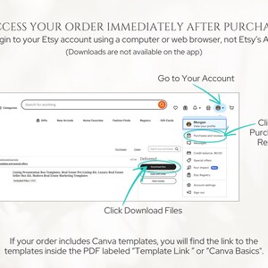 May include: Screenshot of an Etsy account showing how to download purchased files. Instructions include going to the account, clicking on Purchases & Reviews, and then clicking Download Files. Text on the screen reads "Delivered".