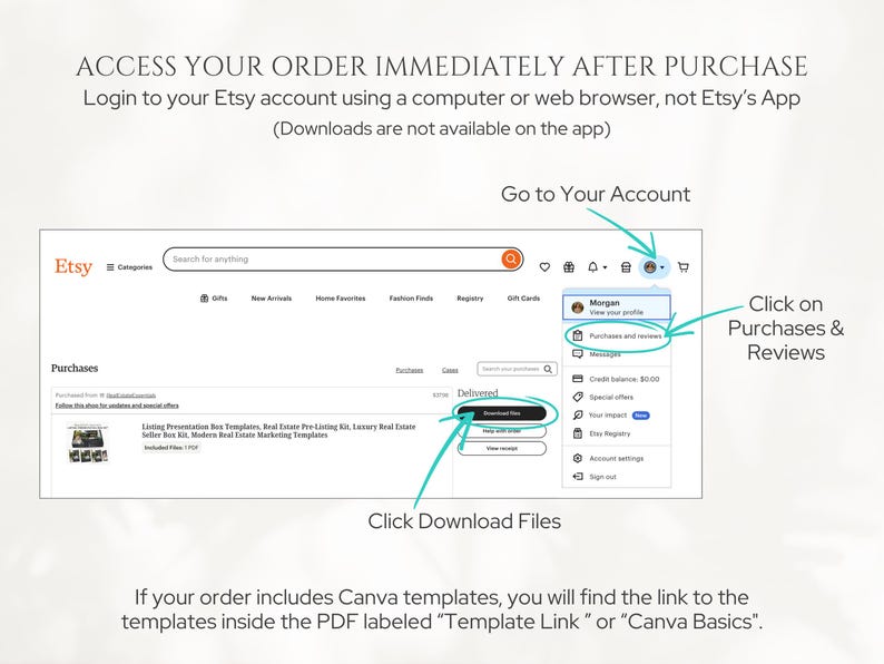 May include: Screenshot of an Etsy account showing how to download purchased files. Instructions include going to the account, clicking on Purchases & Reviews, and then clicking Download Files. Text on the screen reads "Delivered".