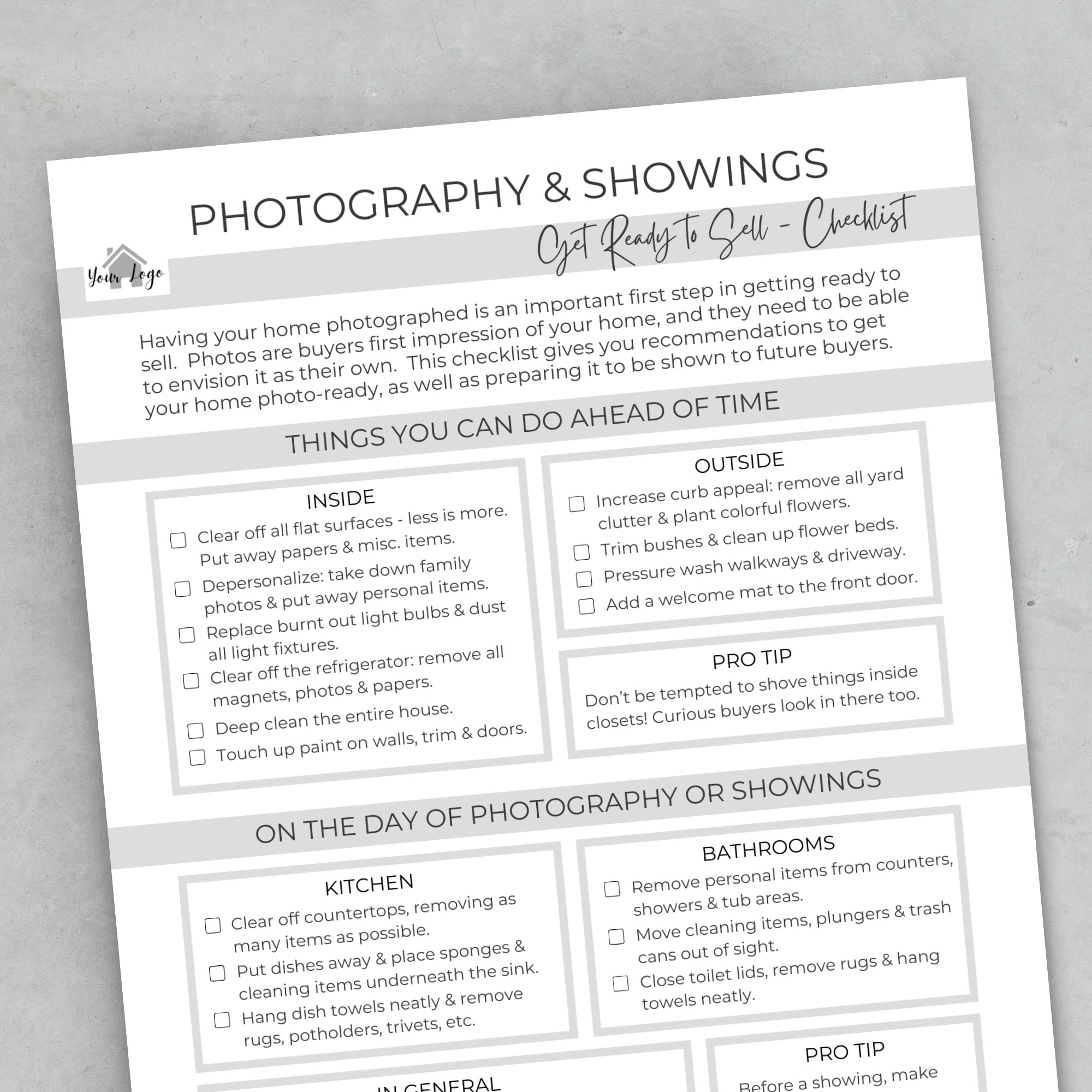 Real Estate Seller Tips: Showing & Photo Prep Checklist, Home Selling, Realtor Pre Listing Photography Checklist, Editable Canva Template - Etsy for Free Printable Make Ready Checklist