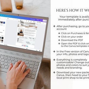 May include: A laptop screen displaying a Canva template for a moving checklist. The template is titled "Making Your Move Easier" and includes a photo of a woman, text, and a place for a logo. The text on the screen explains how to use the template.