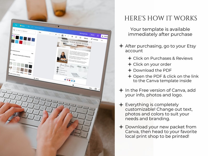May include: A laptop screen displaying a Canva template for a moving checklist. The template is titled "Making Your Move Easier" and includes a photo of a woman, text, and a place for a logo. The text on the screen explains how to use the template.