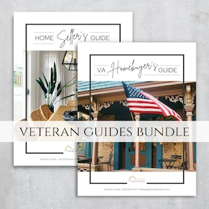 May include: A bundle of two guides for home sellers and homebuyers in Virginia. The guides are titled "Home Seller's Guide" and "VA Homebuyer's Guide". The guides are designed for veterans and feature a red, white, and blue American flag.