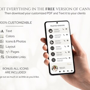 May include: A smartphone displaying a list of trusted vendors for services such as cleaning, landscaping, architecture, design, pool care, and appliance repair. The list includes company names and contact information. The phone is being held by a hand. The text "TRUSTED VENDORS" is at the top of the list.