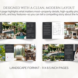 May include: A brochure with a clean, modern layout, featuring property details, high-quality photos, and agent information. The brochure is in landscape format, with 11 x 8.5 inch pages. The text reads: "DESIGNED WITH A CLEAN, MODERN LAYOUT".
