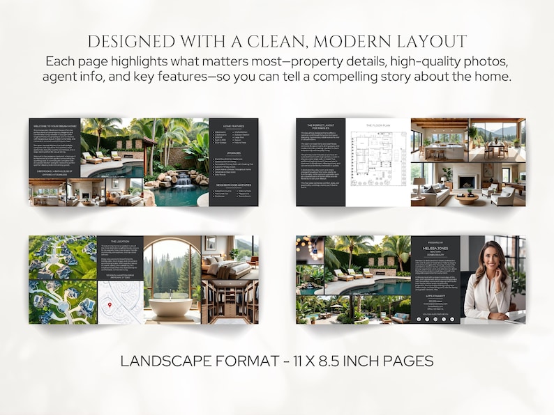 May include: A brochure with a clean, modern layout, featuring property details, high-quality photos, and agent information. The brochure is in landscape format, with 11 x 8.5 inch pages. The text reads: "DESIGNED WITH A CLEAN, MODERN LAYOUT".