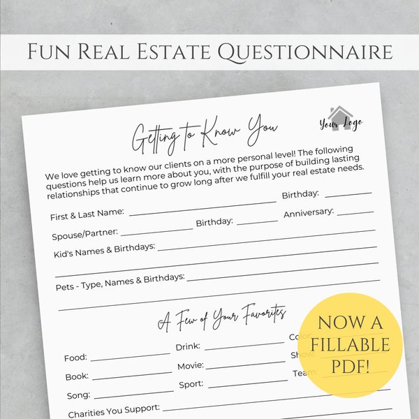 Buyer Questionnaire & Seller Questionnaire Real Estate, Realtors Client Favorite Things, Real Estate Marketing Templates Agent Questionnaire