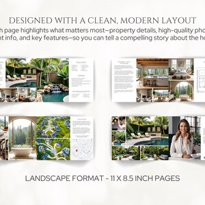K&ouml;nnte beinhalten: Brosch&uuml;re mit sauberem, modernem Layout, die Immobiliendetails, Fotos und Agenteninformationen pr&auml;sentiert. Die Seiten im Querformat messen 27,9 x 21,6 cm. Die Brosch&uuml;re zeigt Bilder von Luxusimmobilien und Au&szlig;enbereichen.