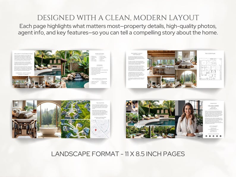 K&ouml;nnte beinhalten: Brosch&uuml;re mit sauberem, modernem Layout, die Immobiliendetails, Fotos und Agenteninformationen pr&auml;sentiert. Die Seiten im Querformat messen 27,9 x 21,6 cm. Die Brosch&uuml;re zeigt Bilder von Luxusimmobilien und Au&szlig;enbereichen.