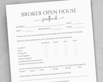 Broker Open Feedback Form, Real Estate Agent Open House Feedback Form, Brokers Open Feedback Questionnaire Canva, Realtor Tour Feedback Form