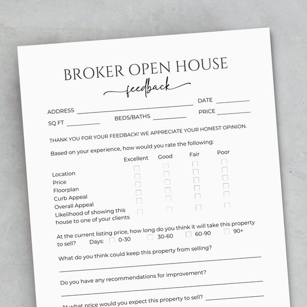 Broker Open Feedback Form, Real Estate Agent Open House Feedback Form, Brokers Open Feedback Questionnaire Canva, Realtor Tour Feedback Form