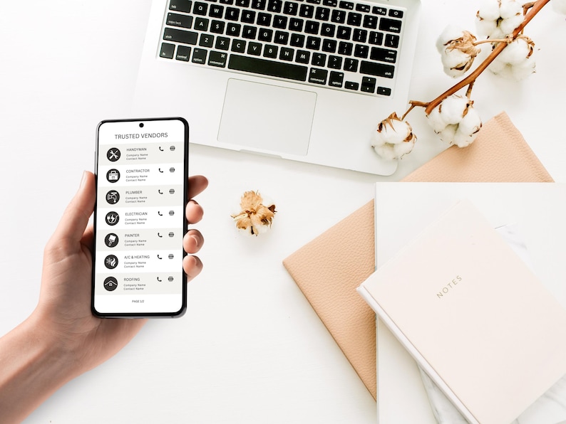 May include: A smartphone displaying a list of trusted vendors with their contact information. The list includes categories such as handyman, contractor, plumber, electrician, painter, HVAC, and roofing.
