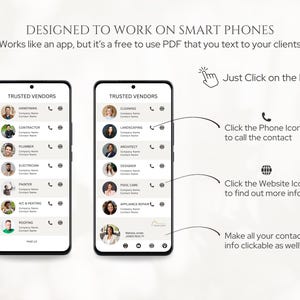 May include: Two smartphone screens displaying a list of trusted vendors with their contact information. Each vendor has a photo, company name, and contact information. The phone icon allows you to call the contact, and the website icon allows you to visit their website.