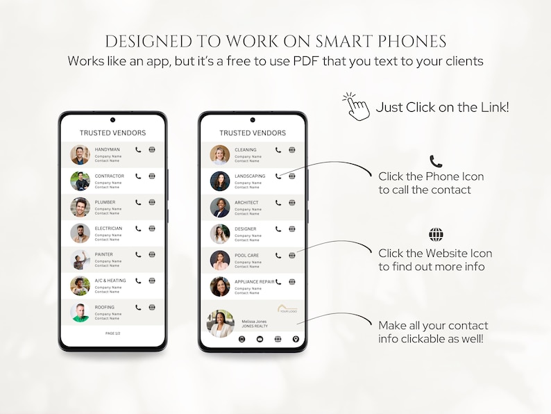 May include: Two smartphone screens displaying a list of trusted vendors with their contact information. Each vendor has a photo, company name, and contact information. The phone icon allows you to call the contact, and the website icon allows you to visit their website.