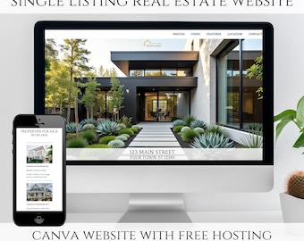 May include: A computer monitor and smartphone displaying a real estate website. The website showcases a modern home with a landscaped yard. Text includes "Single Listing Real Estate Website" and "Canva Website with Free Hosting."