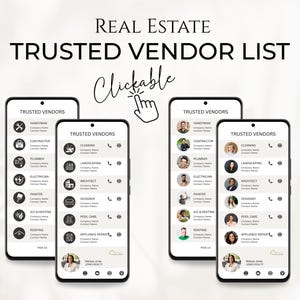 May include: Four smartphone screens displaying a list of trusted vendors for real estate services. Each screen features a different set of vendors, including handyman, cleaning, landscaping, contractor, plumber, electrician, painter, architect, designer, A/C & Heating, pool care, roofing, and appliance repair. The screens are labeled "Trusted Vendors" and include contact information for each vendor.