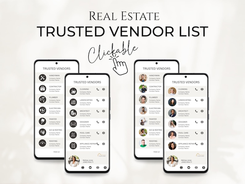 May include: Four smartphone screens displaying a list of trusted vendors for real estate services. Each screen features a different set of vendors, including handyman, cleaning, landscaping, contractor, plumber, electrician, painter, architect, designer, A/C & Heating, pool care, roofing, and appliance repair. The screens are labeled "Trusted Vendors" and include contact information for each vendor.