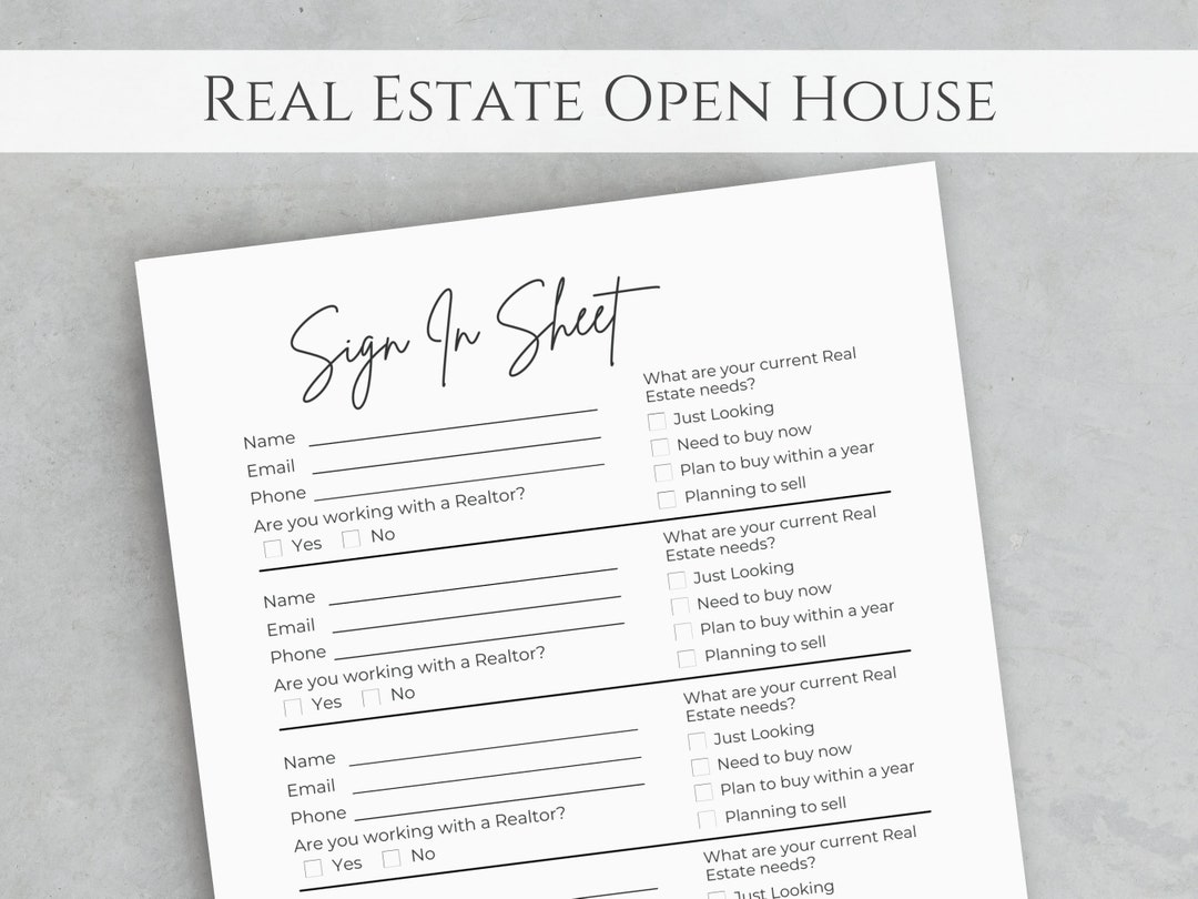 Realtor Open House Sign in Sheet, Real Estate Open House Sheets, House