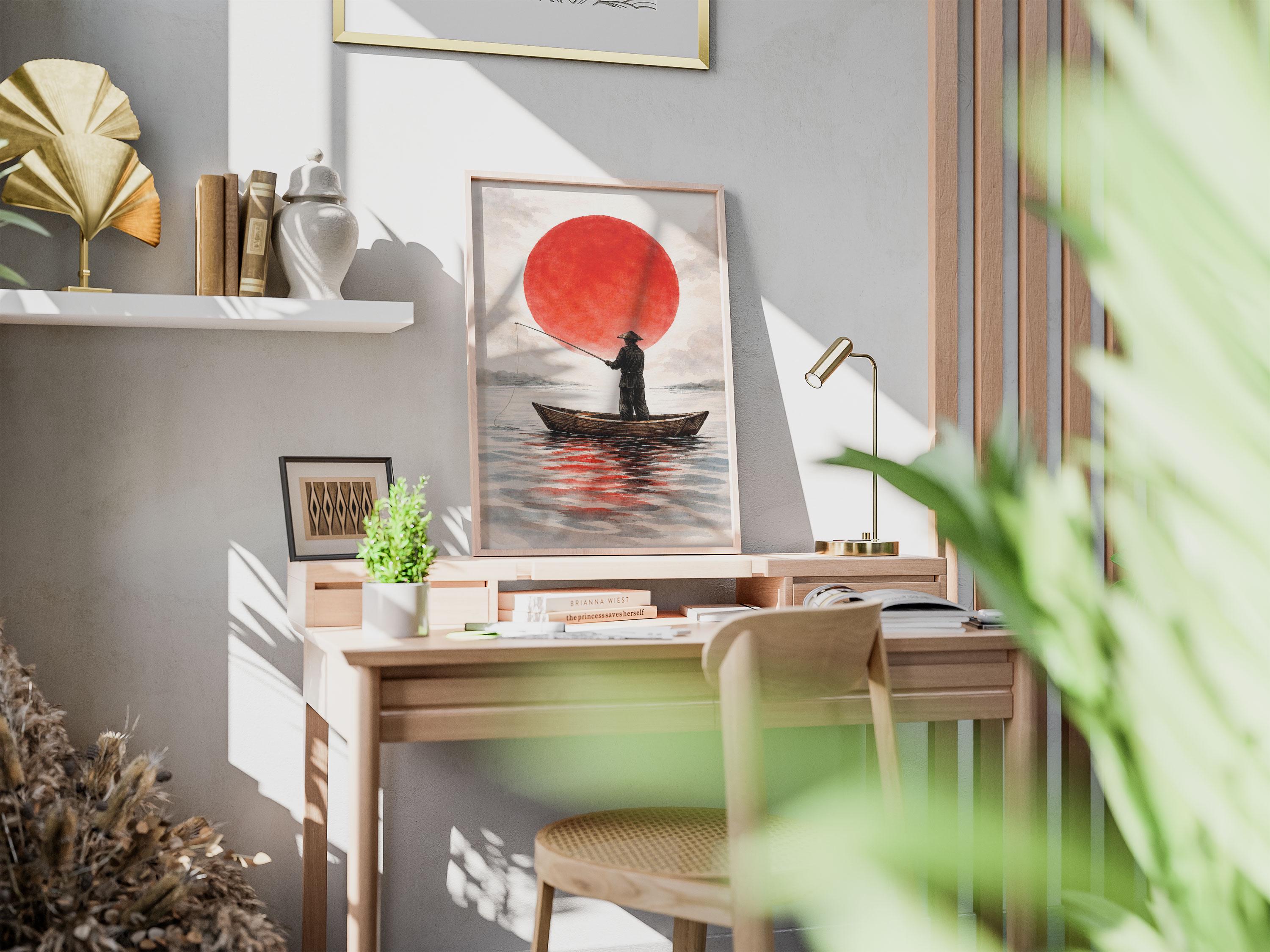 Japanese Fisherman Wall Art Print – Zen Water Illustration With Red Sun ...