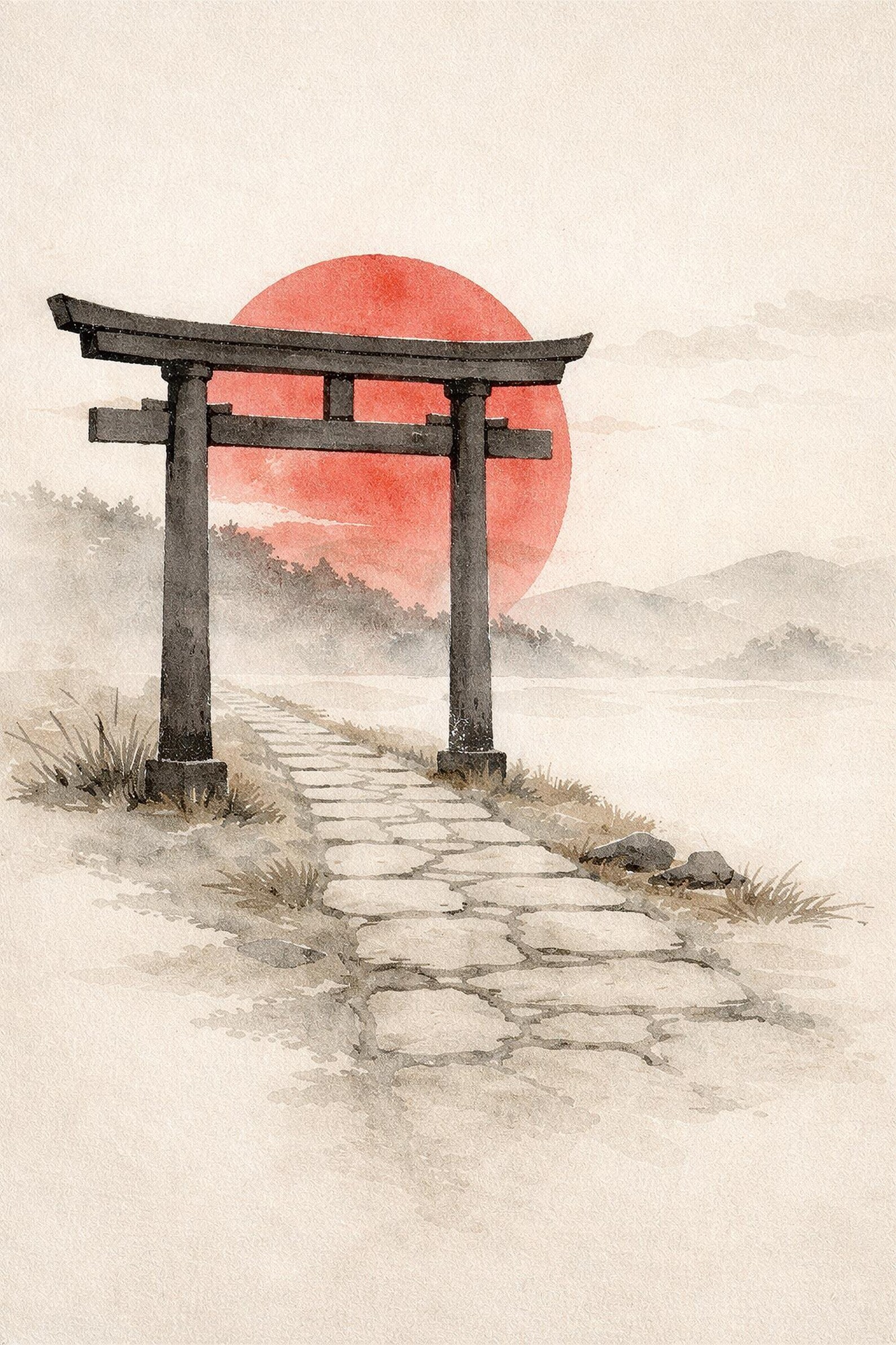 Torii Gate Red Sun Japanese Wall Art, Minimal Zen Japandi Watercolor ...