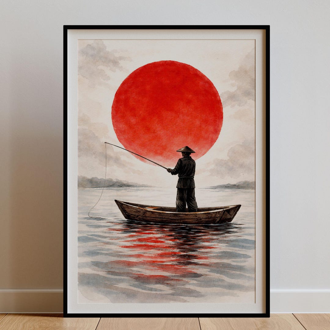 Japanese Fisherman Wall Art Print – Zen Water Illustration With Red Sun ...