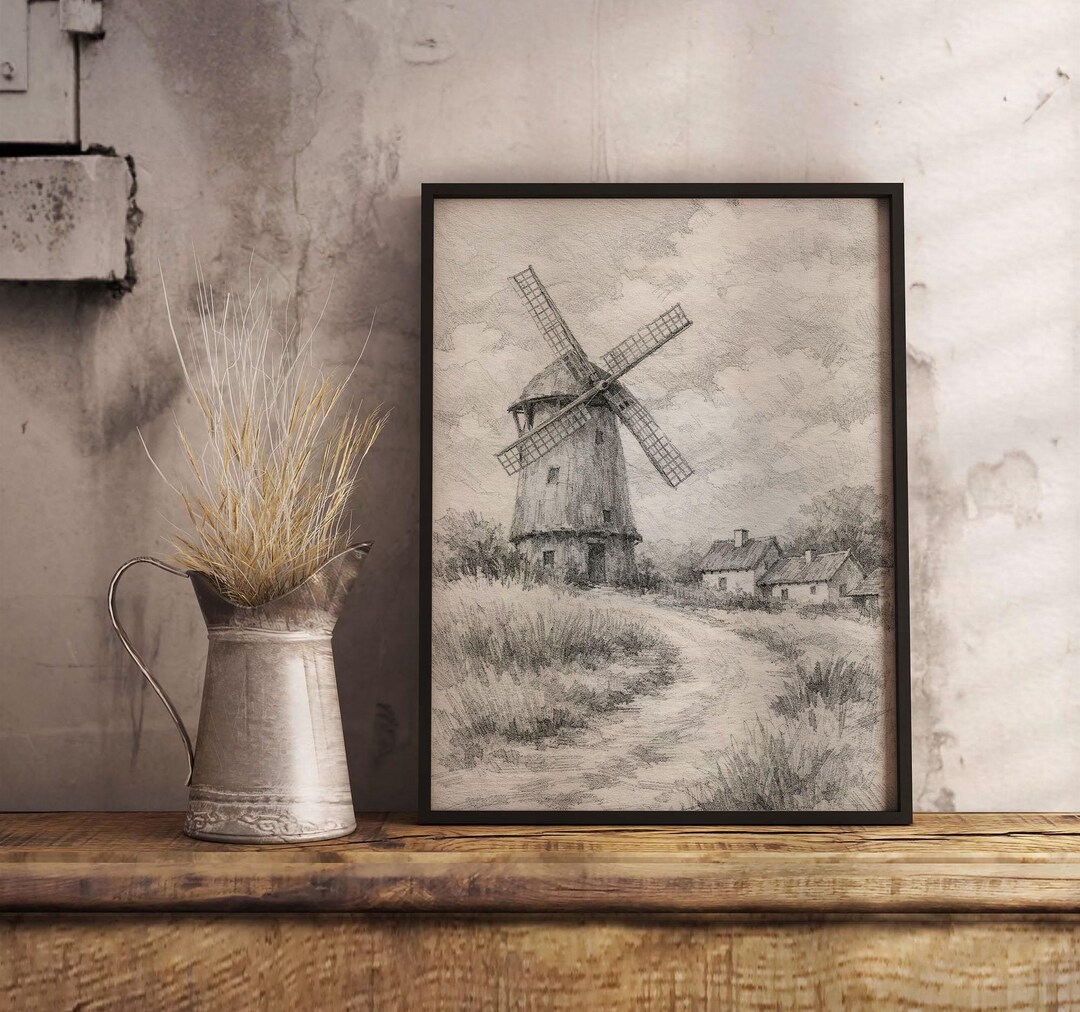 Rustic Windmill Drawing Windmill Pencil Sketch Wall Art – Vintage Rustic Countryside Drawing - Etsy
