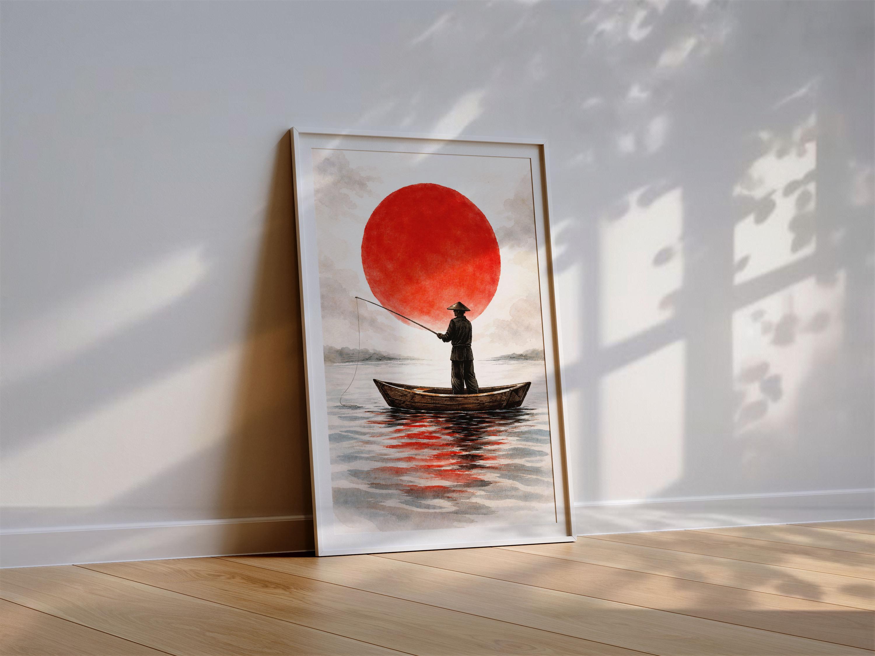 Japanese Fisherman Wall Art Print – Zen Water Illustration With Red Sun ...